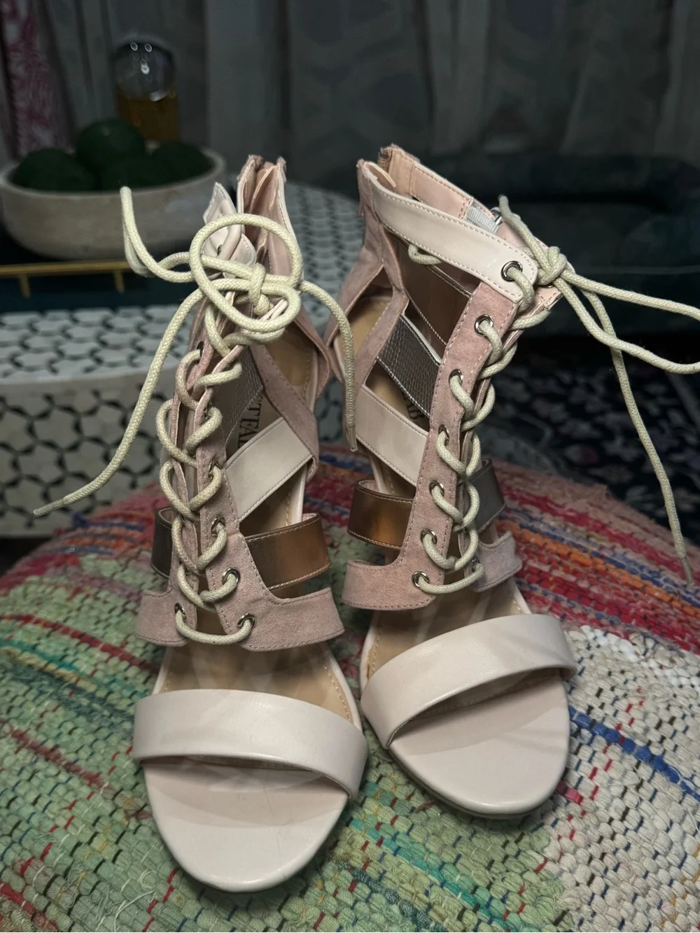 🪩🩰 Women's Strappy Lace-Up High Heel Stilleto Sandals in Blush and Metallic 🩰🪩